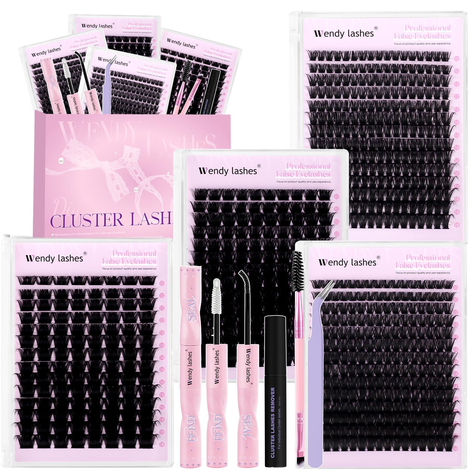 Kit Pestañas Postizas 8 en 1, Pestañas Pelo a Pelo Clúster 80D 100D 200D 250D (10-18mm) con con Cola, Removedor, Pinzas y Cepillo Uso en Casa o Regalo