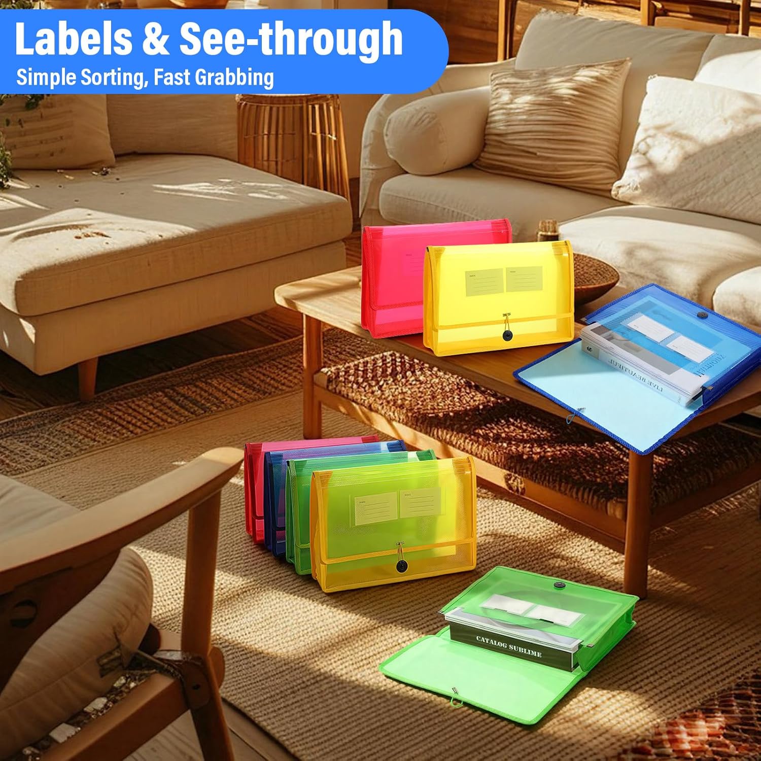 8 Pack Plastic Expanding File Wallet Document Organizer with Flap and Cord Closure, 3.1" Expansion, Clear Colored Poly A4 Expandable File Folder for Home School & Office Storage, Fit Letter/A4 Size