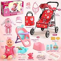Vista 2 de Juego de Cochecito de Muñeca Bebé - Una Muñeca Bebé de 12.5" con Accesorios para Muñecas y 2 Juegos de Ropa, Cochecito de Muñeca para Niños Pequeños