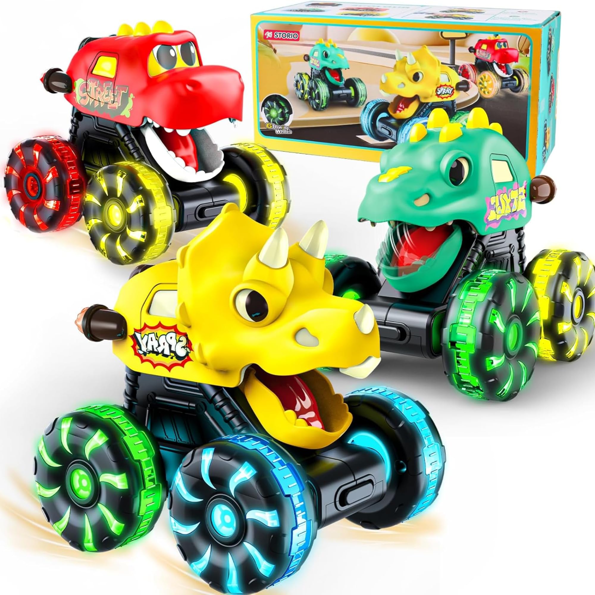 Storio 3 Pack Dinosaur Car Toys, Press & Go Dino Monster Truck Set with Light Up LED Wheels, Friction Powered, for Kids 2-8 Years, Birthday Gift-image-10