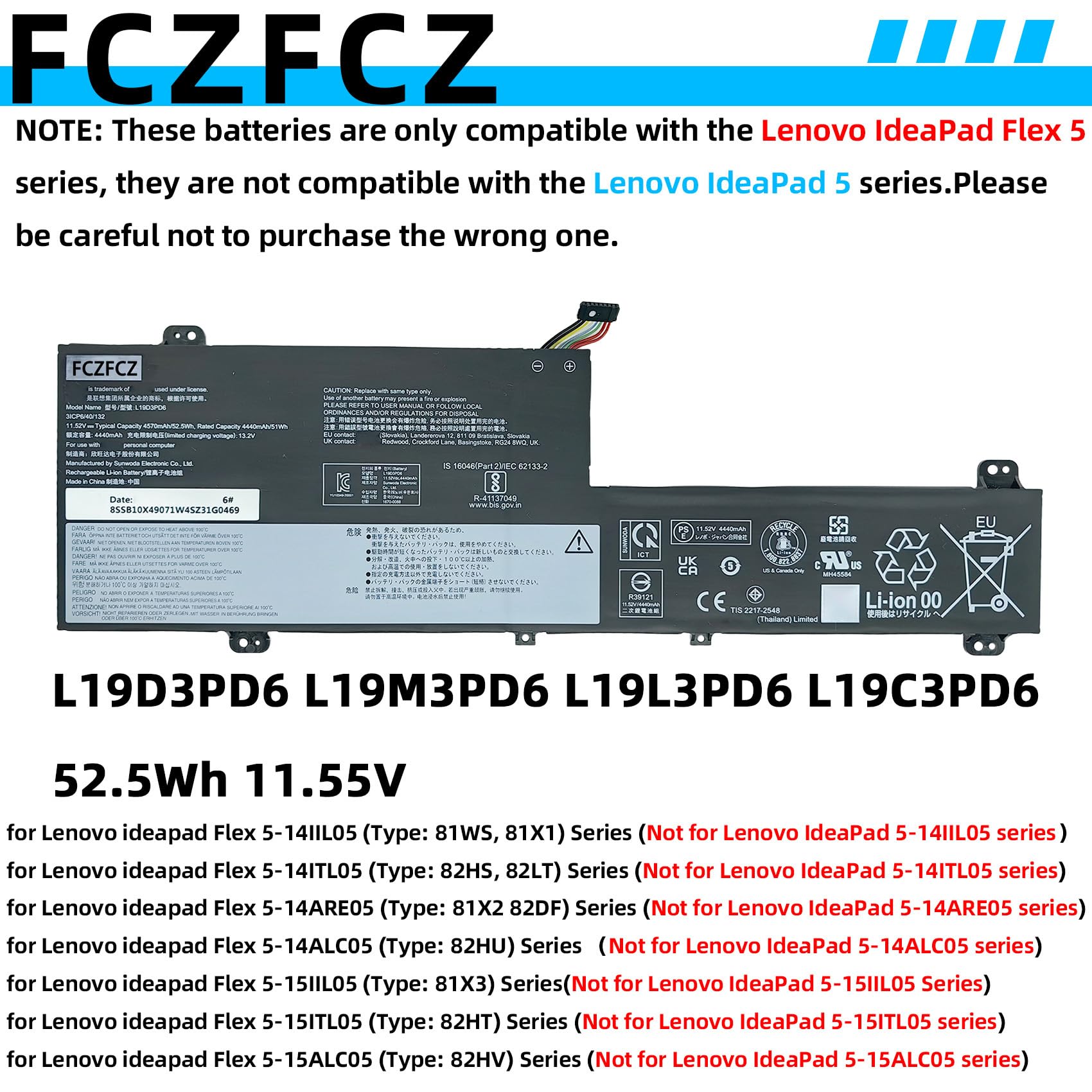 Amazon.com: FCZFCZ L19D3PD6 Battery 52.5Wh Replacement for Lenovo
