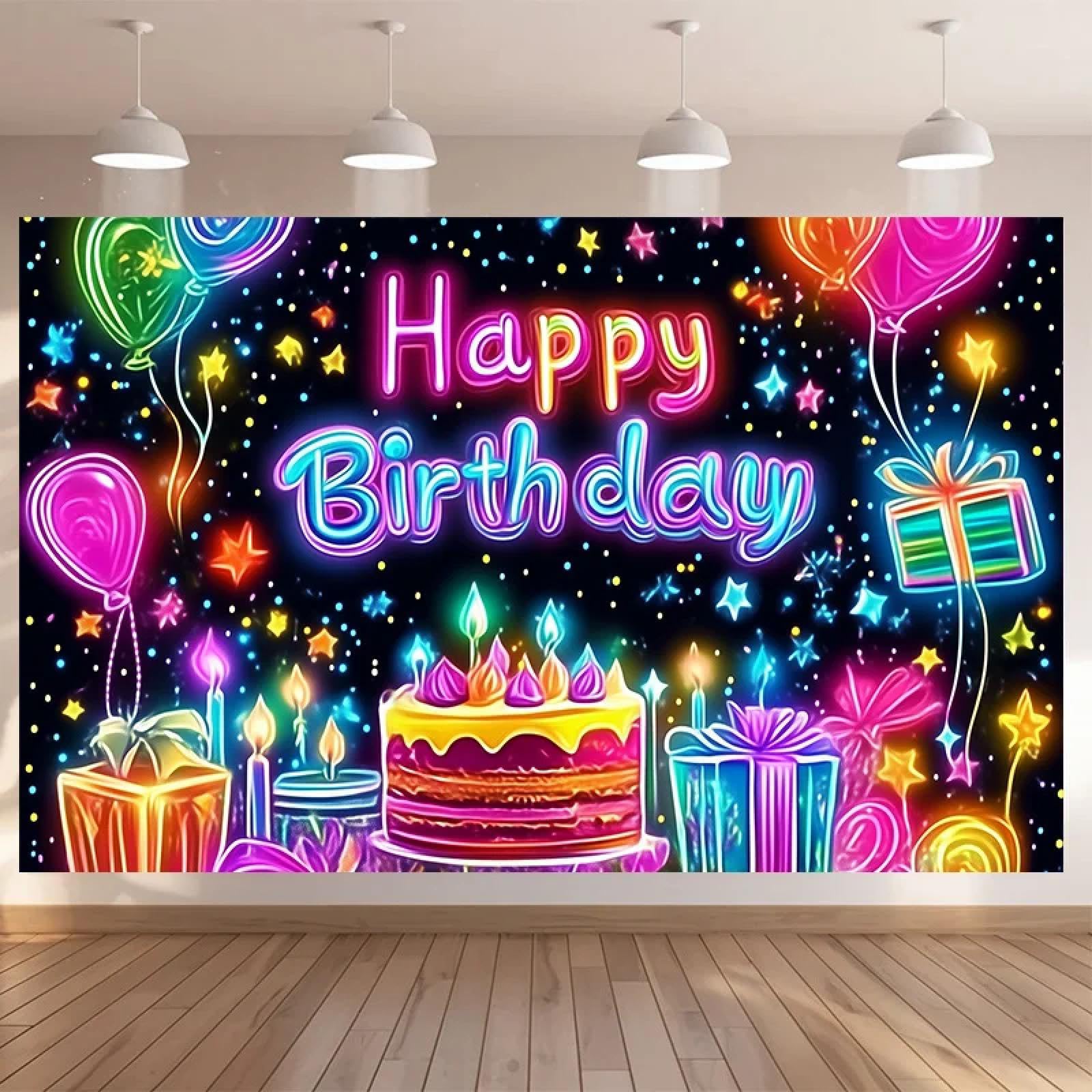 EIN helles Geburtstagsparty-Banner, Bunte Neonlichter, Luftballons und Sternmuster s langlebige Vinyl-Geburtstagsfeier-Dekoration