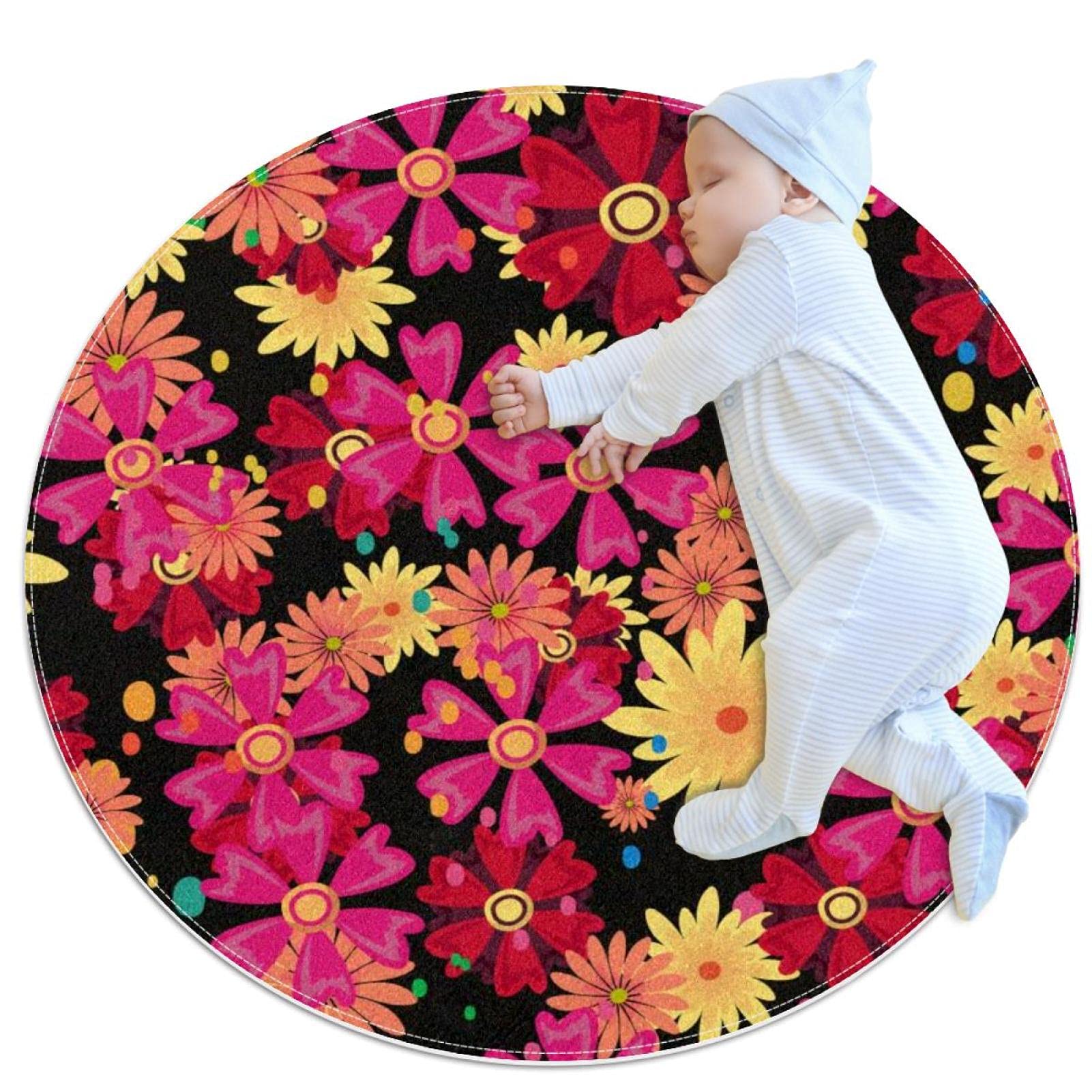 Tapis de salle de bain rouge motif floral rond et chambre enfant 1m