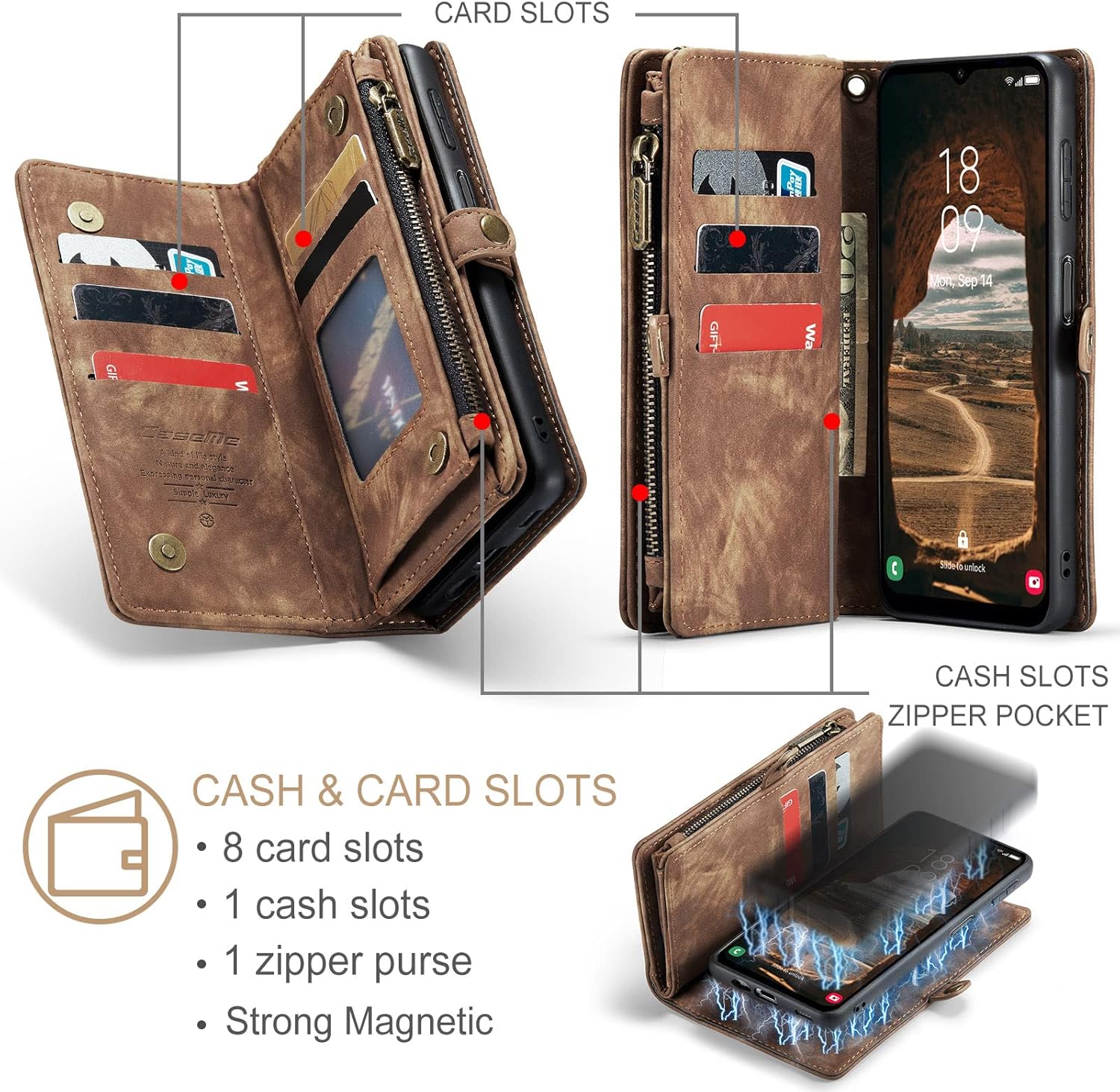 Case for Samsung Galaxy A14 5G 2023, Genuine Leather Wallet Detachable Magnetic Phone Cover Wireless Charge Zipper Purse RFID Blocking Card Slot Holster for Galaxy A14 6.6 inch (Brown)