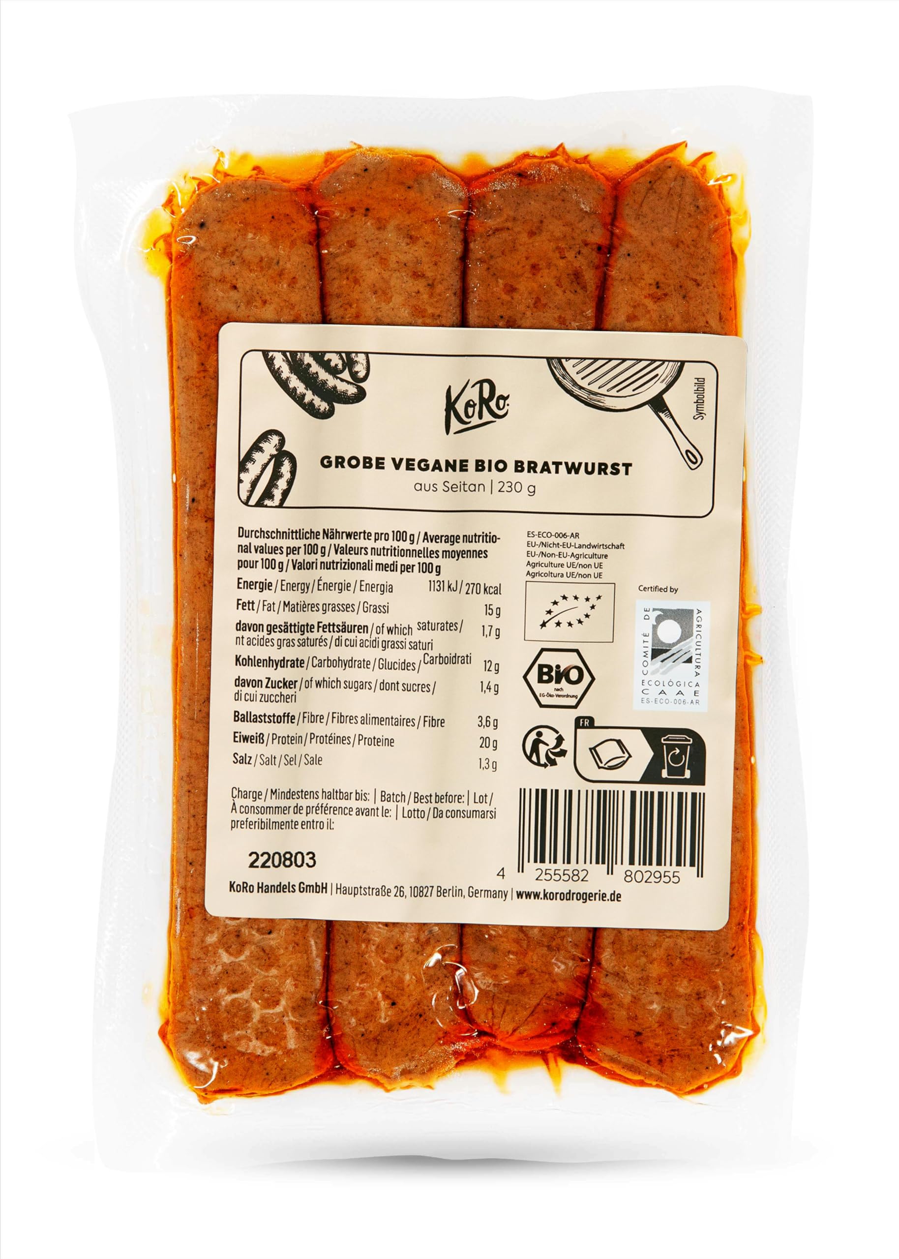 KoRo Grobe vegane Bio Bratwurst 230 g Grillen