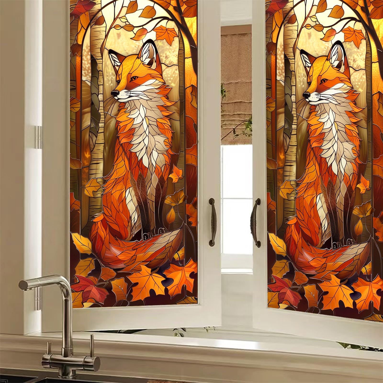 HOMETITUTE Fox Stained Glass Window Film 17.7x39.3 inch Window Privacy Film Sun Blocking Static Cling Sticker Privacy Decorative Fall Thanksgiving Window Cover for Bathroom Home Entryway Glass Decor