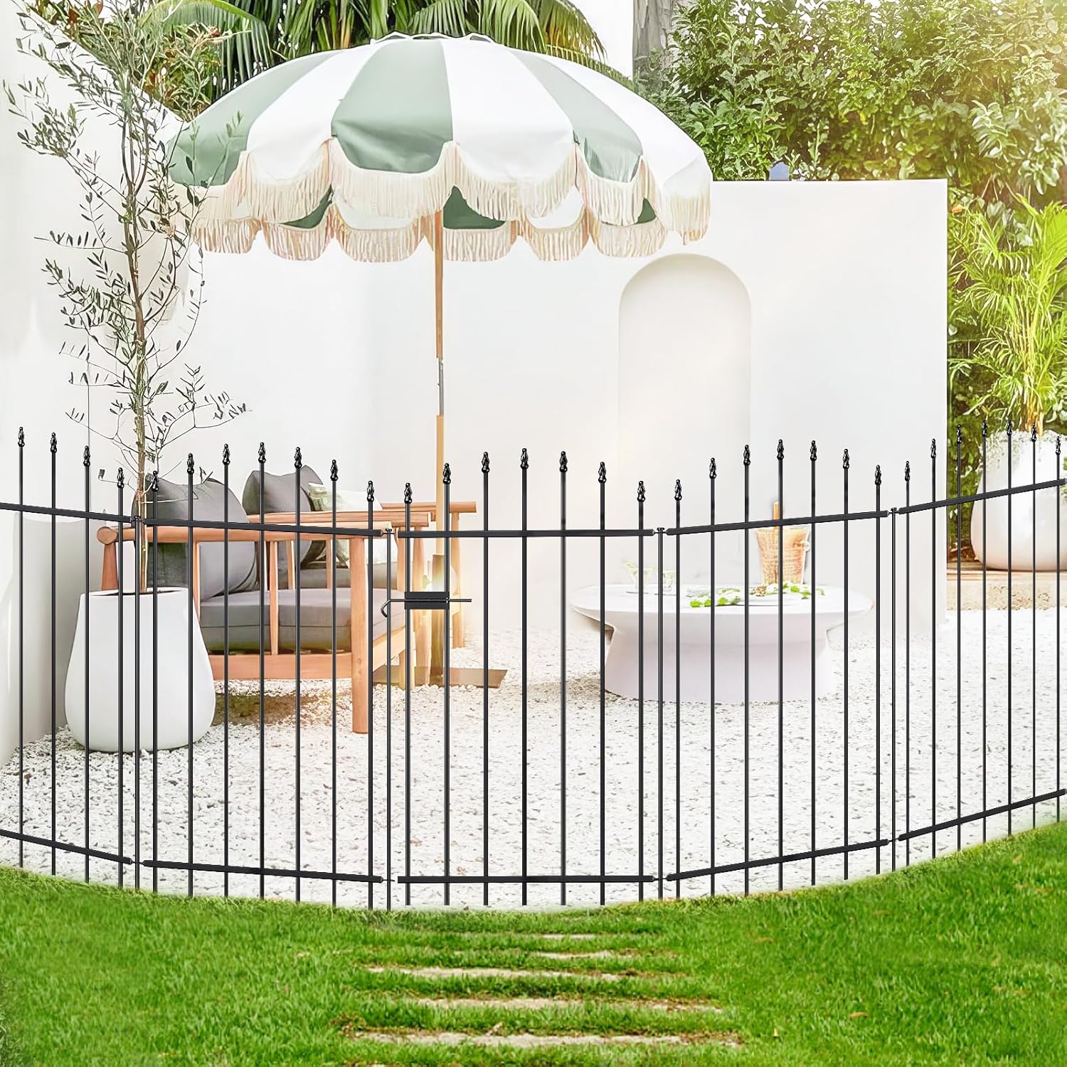 FOREHOGAR Metal Garden Fence with Gate 42 in H x 12 ft L, 1 Gate + 5 Panels Border Dog Fence Panels Animal Barrier, No Dig Garden Fencing for Yard Patio Flower Bed Lawn Outdoor, Arch Black Roman Col 42?H x 12ft (1Gate+5Panels)