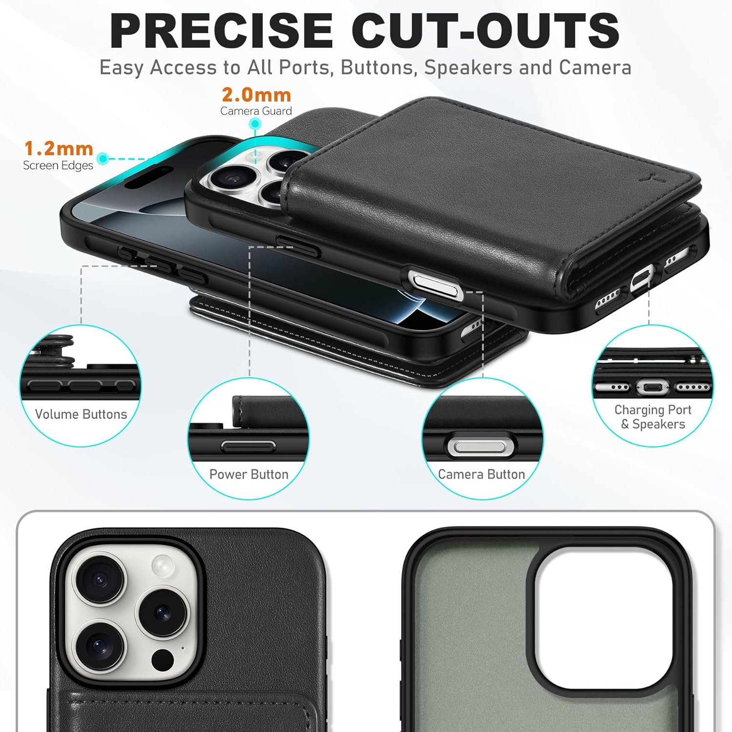 TUCCH PU Leather Case for iPhone 16 Pro, Undetachable Wallet Case with [6 Card Holders] [RFID Blocking] Magnetic Closure Anti-Slip Shockproof Protective Phone Cover for iPhone 16 Pro 6.3" 2024, Black