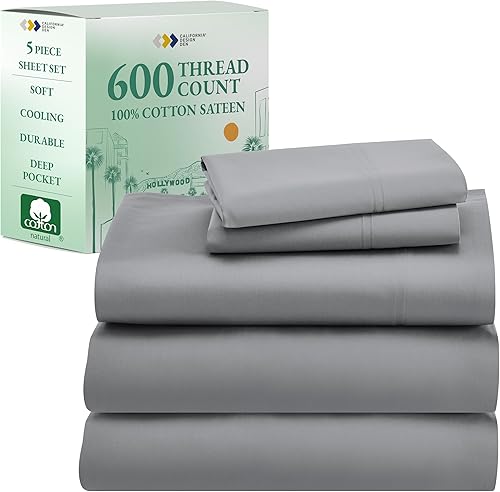 California Design Den - Juego de sábanas lujosas de 5piezas de 100% algodón, 600hilos, 2sábanas bajeras tamaño individual XL, juego con sábana king