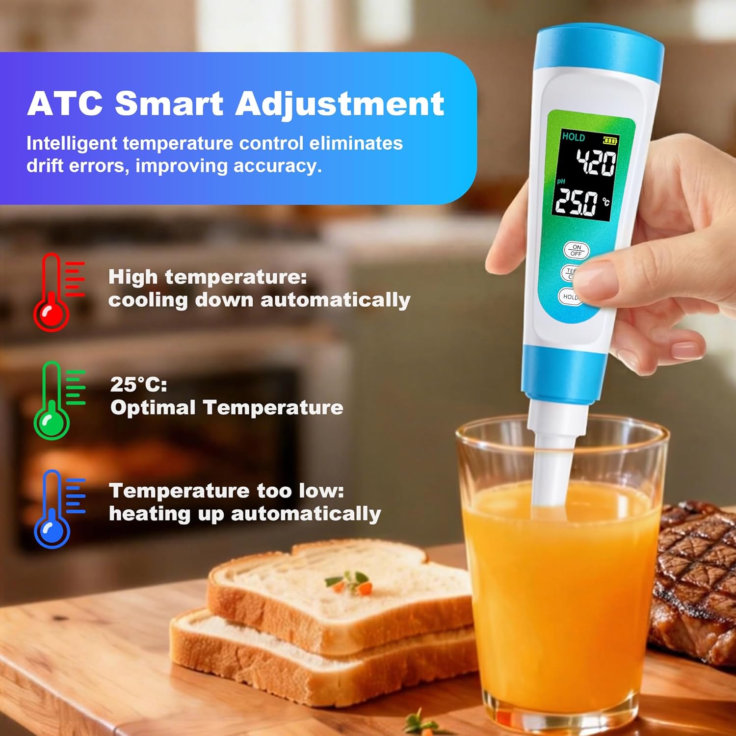 Food pH Meter for Semi-Solid & Liquid Foods, Food-Contact-Safe Housing, ±0.01 Accuracy, ATC, Waterproof, Color LCD, 3 Calibration Solutions Included