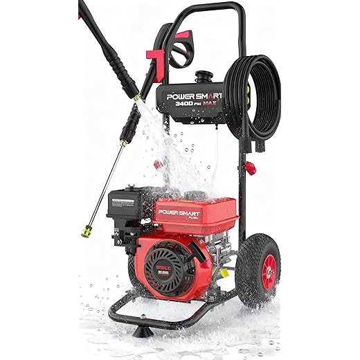PowerSmart Gas Pressure Washer 3400 PSI, 2.5 GPM Gas Powered Pressure Washer, 212CC Engine, 10" Wheels, 5 Nozzles for Patio, Car, Driveway, Fence & Home Cleaning