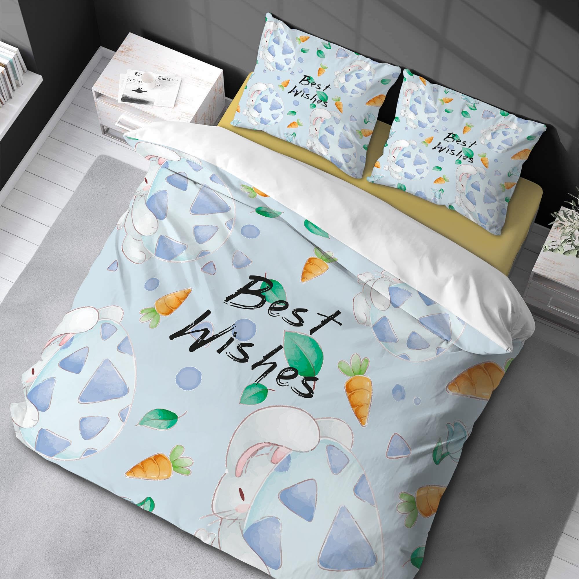 Ensemble de literie Lapin de Pâques avec housse de couette imprimée 160x220cm et 2 taies d'oreiller