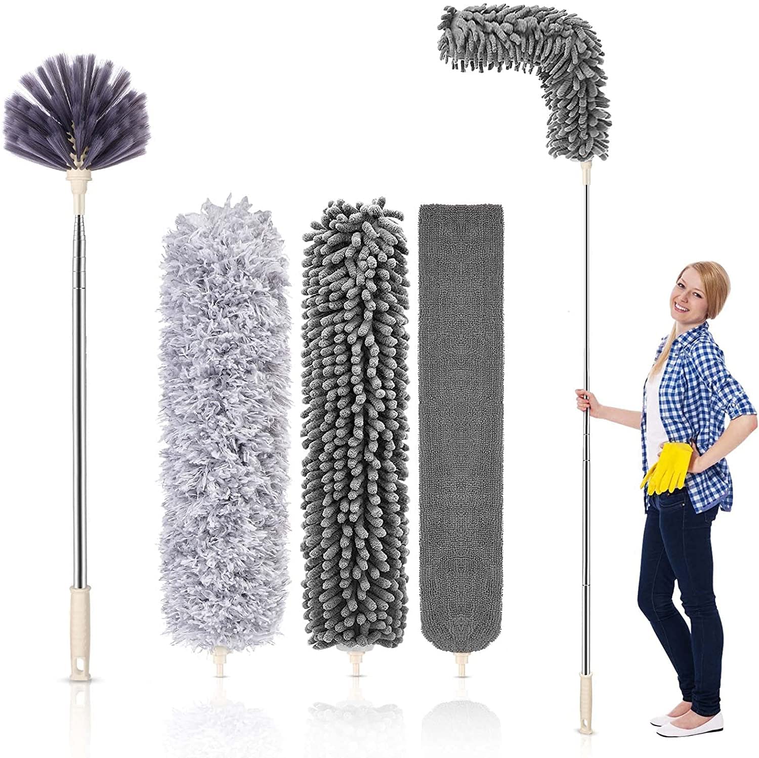 Microfiber Duster Kit, Extendable Ceiling Fan Duster for Cleaning with 40 to 250 CM Telescoping Extension Pole, Washable Car Duster for High Ceiling Fan, Cobweb, Furniture, Car