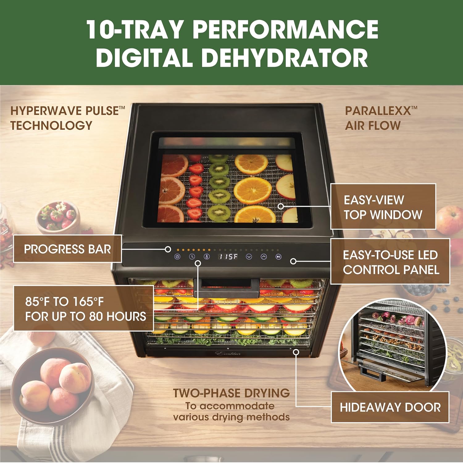 Excalibur Electric Food Dehydrator Performance Series 10-Tray with Adjustable Temperature Control Includes Stainless Steel Drying Trays Glass Door Top View Window and LED Display Progress Bar, Black