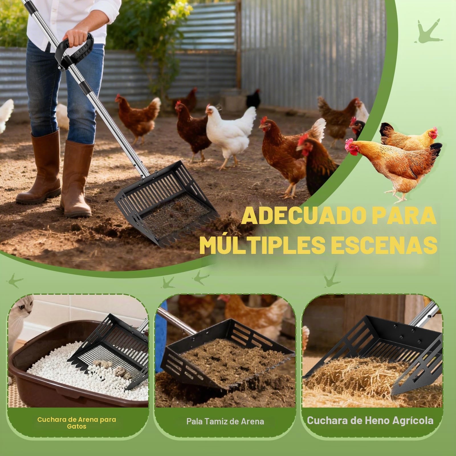 Recogedor de Excrementos de Pollo de 25 cm de Ancho, Recogedor para Gallinero 4 en 1, Recogedor Eesmontable para Cribar Excrementos, con Mango de 60-160 cm de Largo para Gallinero, Establo