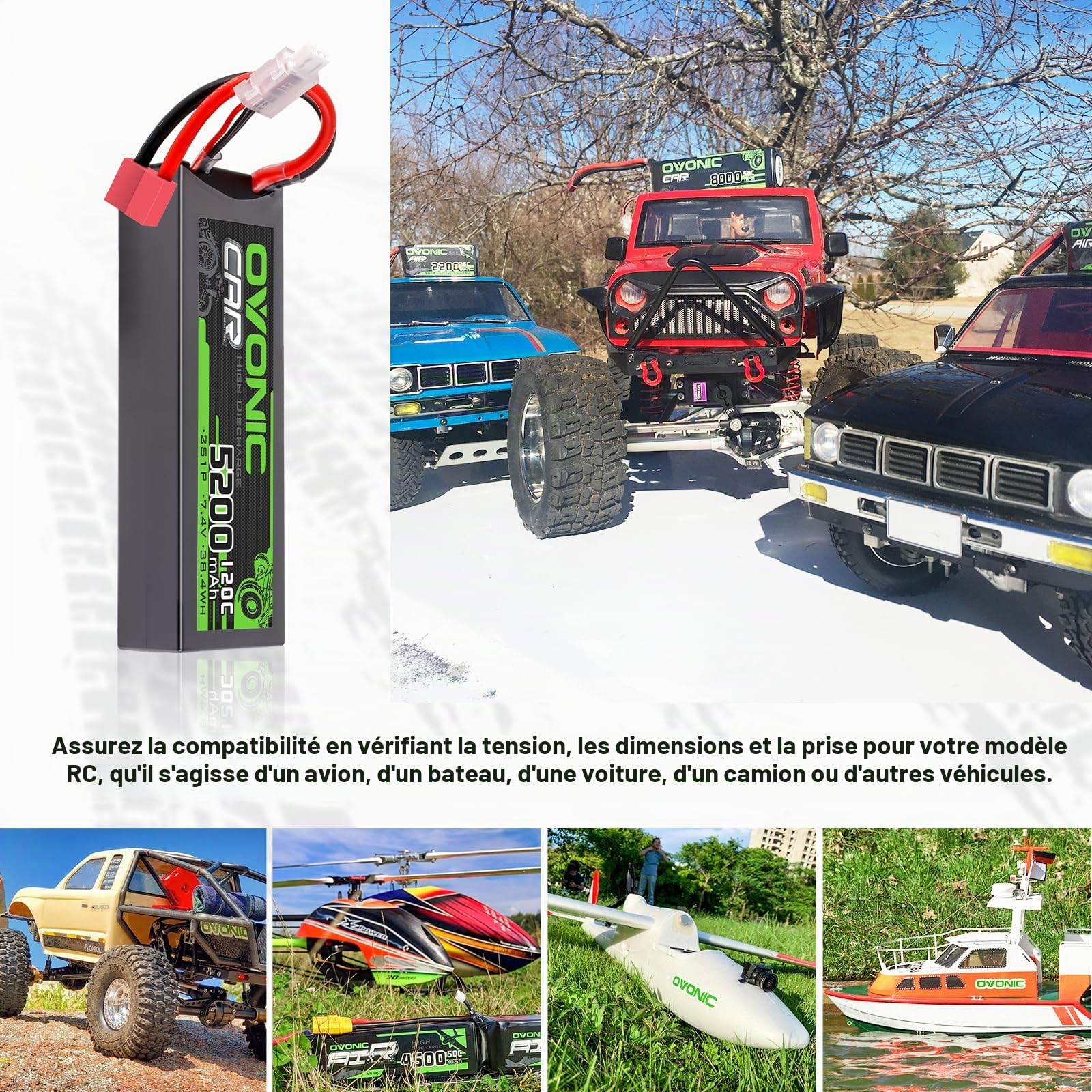 OVONIC Batterie Lipo 2s 7,4 V 5200 mAh 120 C avec Prise Deans T Plug Lipo pour Voiture RC Camion Truggy Quadcopter hélicoptère Camion Bateau Avion (2 pièces)