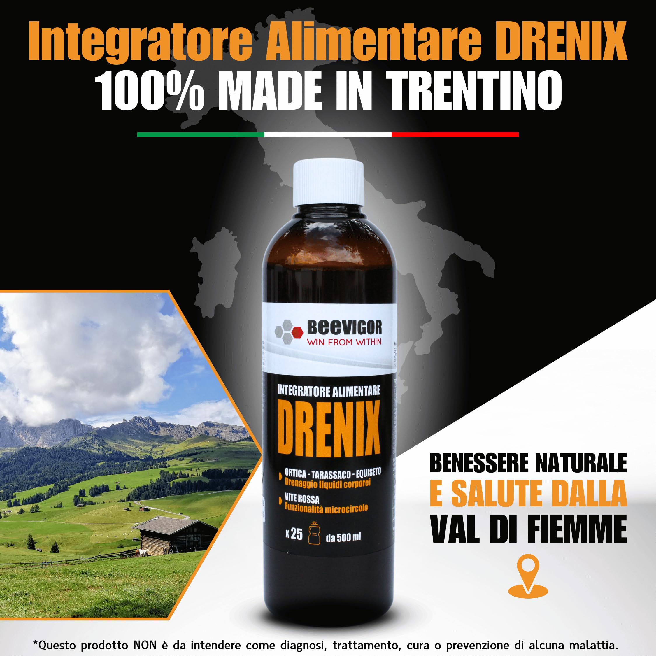 BEEVIGOR Integratore Alimentare Fluido con Miele, Ortica, Tarassaco, Equiseto, Ananas e Vite Rossa Made in Italy - 250 ml - Integratore Drenante Liquido Supporta Funzione Depurativa e Microcircolo