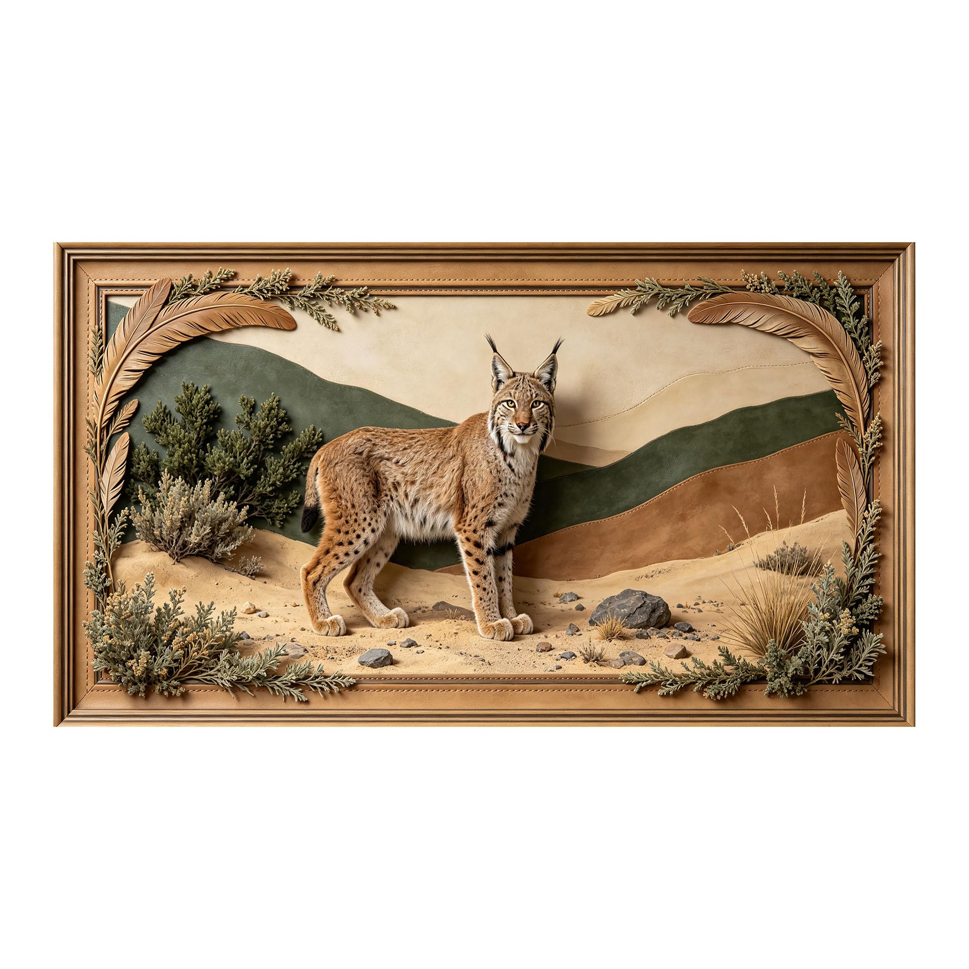 Yzpallescene 3D 3D Framed Wall Art 50cm×90cm Desert Lynx Wildlife Landscape Relief Effect Large Size SelfAdhesive Removable Wall Decor Prints Artwork for Living Room Bedroom Office
