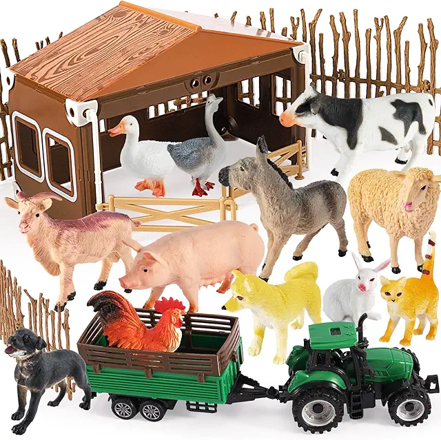 BUYGER Farm Animal Figurines Set with Tractor, Fence & Barn for Kids 3-5