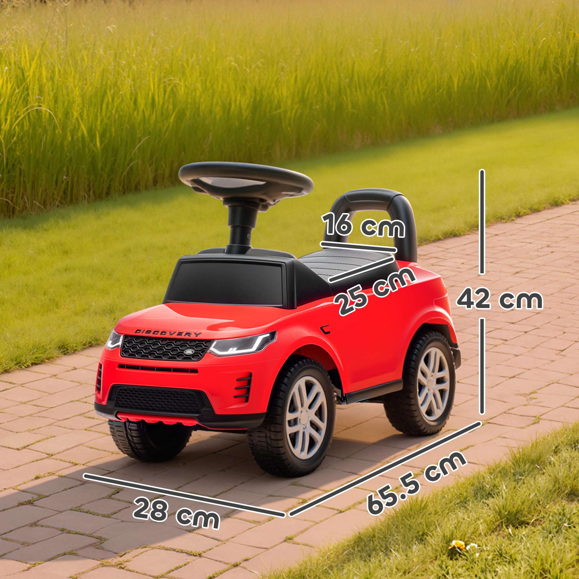 AIYAPLAY Macchina Primi Passi per Bambini Licenza Land Rover Discovery con Clacson e Spazio Portaoggetti, Auto per Bambini in PP e Acciaio, 65.5x28x42 cm, Rosso