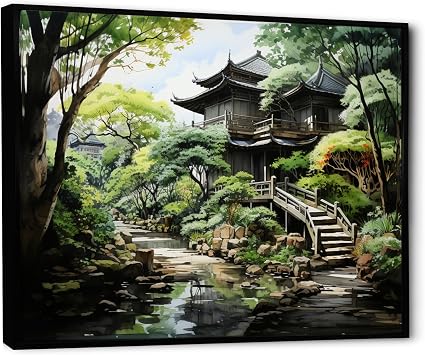 Large Japan Art framed wall Art, Zen Garden Serenity Japanese Artistic Tranquility I, japan art framed wall art decor, Green Global black framed wall art, 32x24 inches black frame
