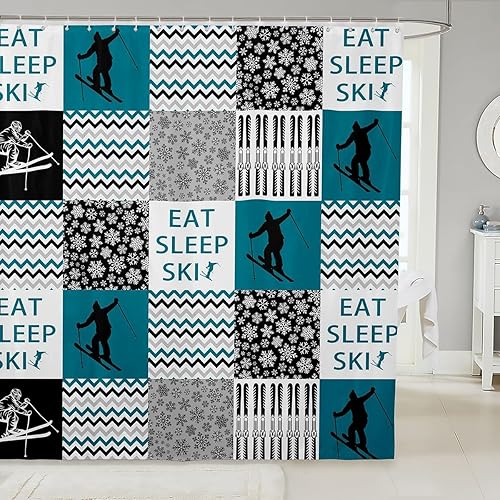 Miniatura 7 de Cortina de ducha para deportes de esquí, azul marino, blanco, bosquejo, esquí, nieve, montaña, cortina de baño para niños, niñas, adultos,