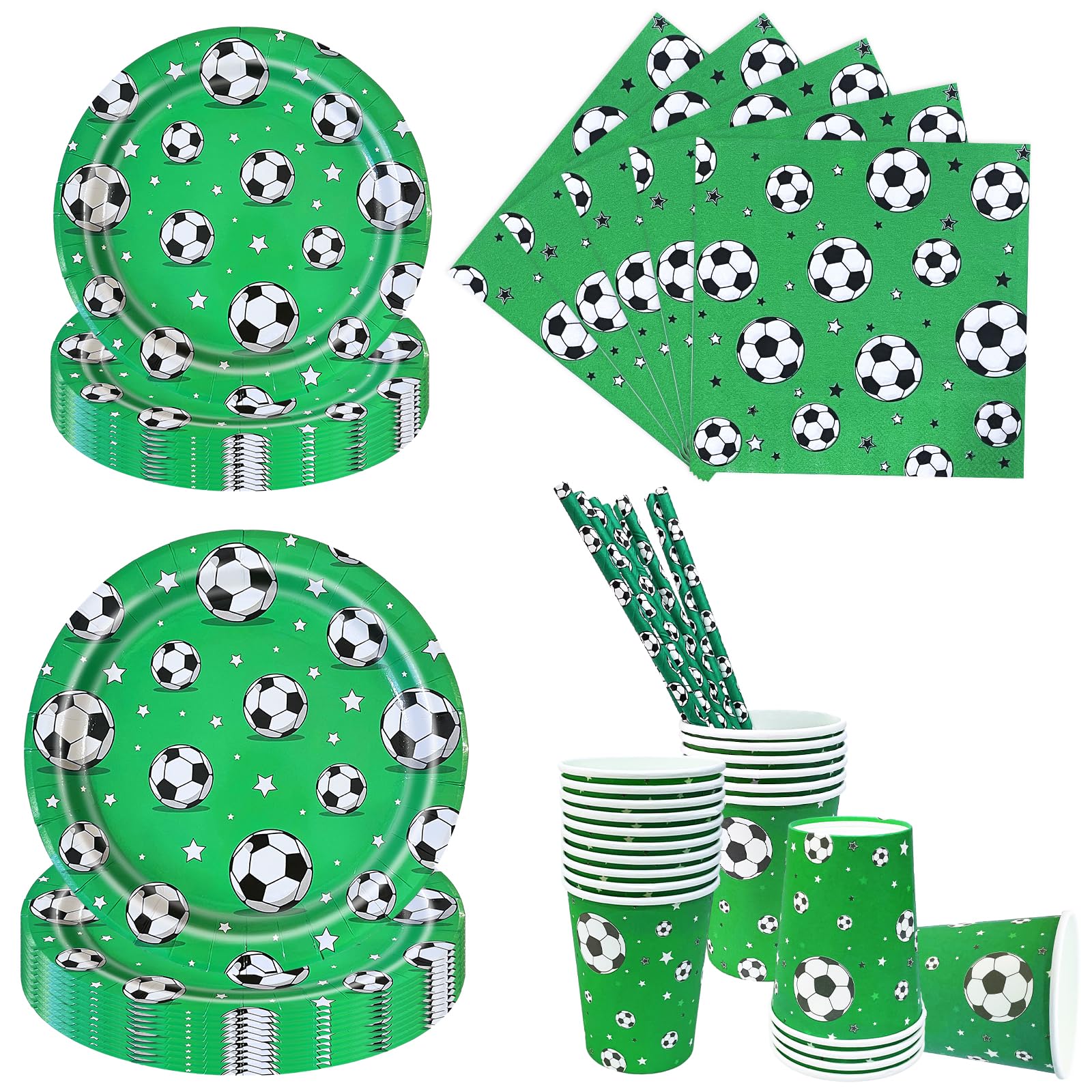 Aitsite 100 Stück Fußball Partygeschirr Set für 20 Gäste, Grün Fussball Partyteller Party Deko Geschirr, WM 2026 Fussball Pappteller Pappbecher Servietten Strohhalme, Fussball Deko Geburtstag Kinder