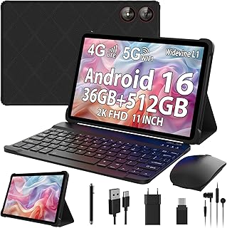 2026 Tablet 2 K de 11 polegadas com Android de 16, 36 GB RAM+512 GB ROM (1TB TF), núcleo Octa, 4G LTE/5G WiFi, 2000 x 1200 polegadas, Widevine L1/8000 mAh/13MP+88 MP/GPS, Tablet com teclado +