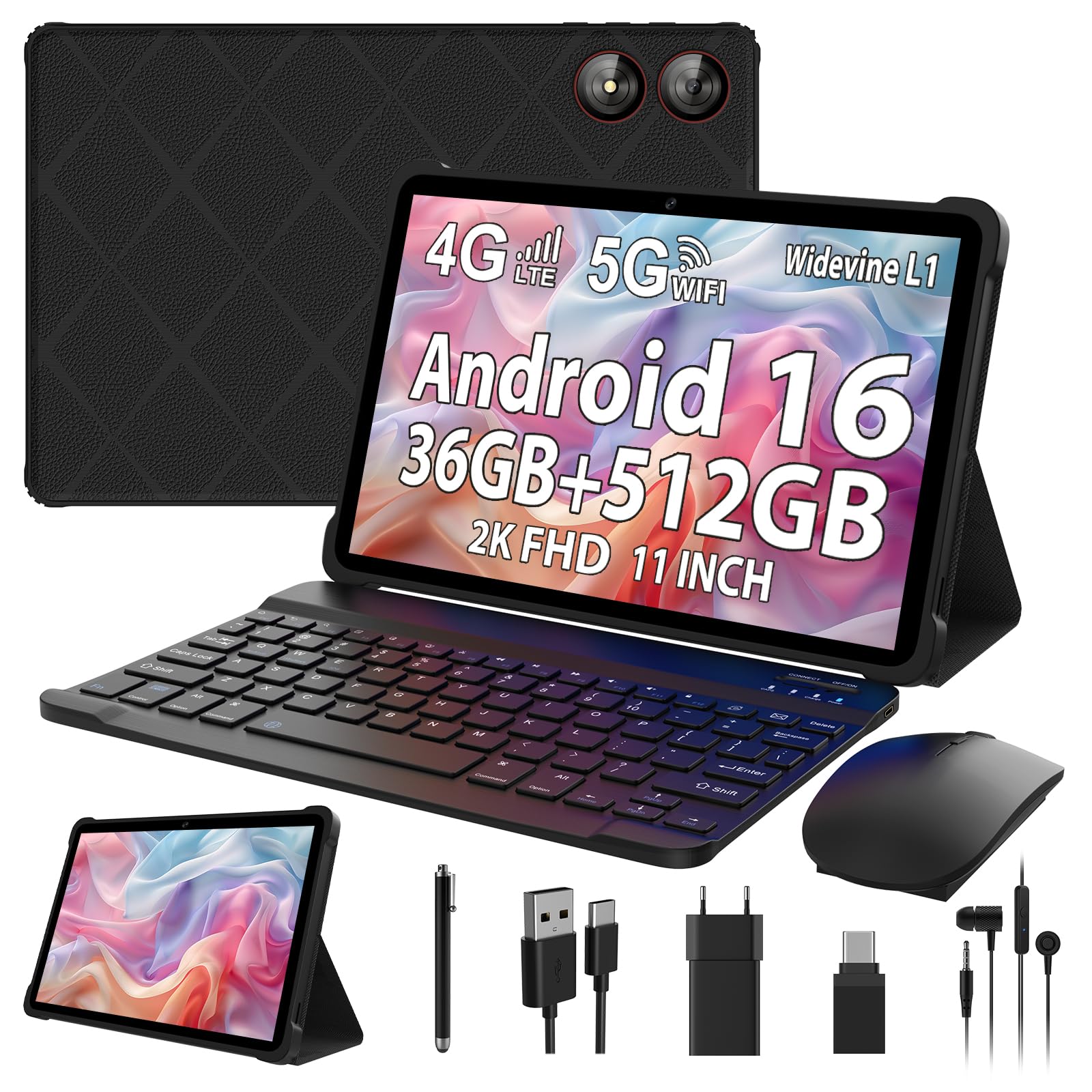 2026 Android 16 Tablet 11 Pouces, 36GB RAM+512GB ROM, SIM 4G & 5G WiFi, Octa Core 2.0GHz, 13MP+8MP, 2000 * 1200/WidevineL1/8000mAh/BT5.0/OTG/GPS-Tablette avec Clavier (Noir)