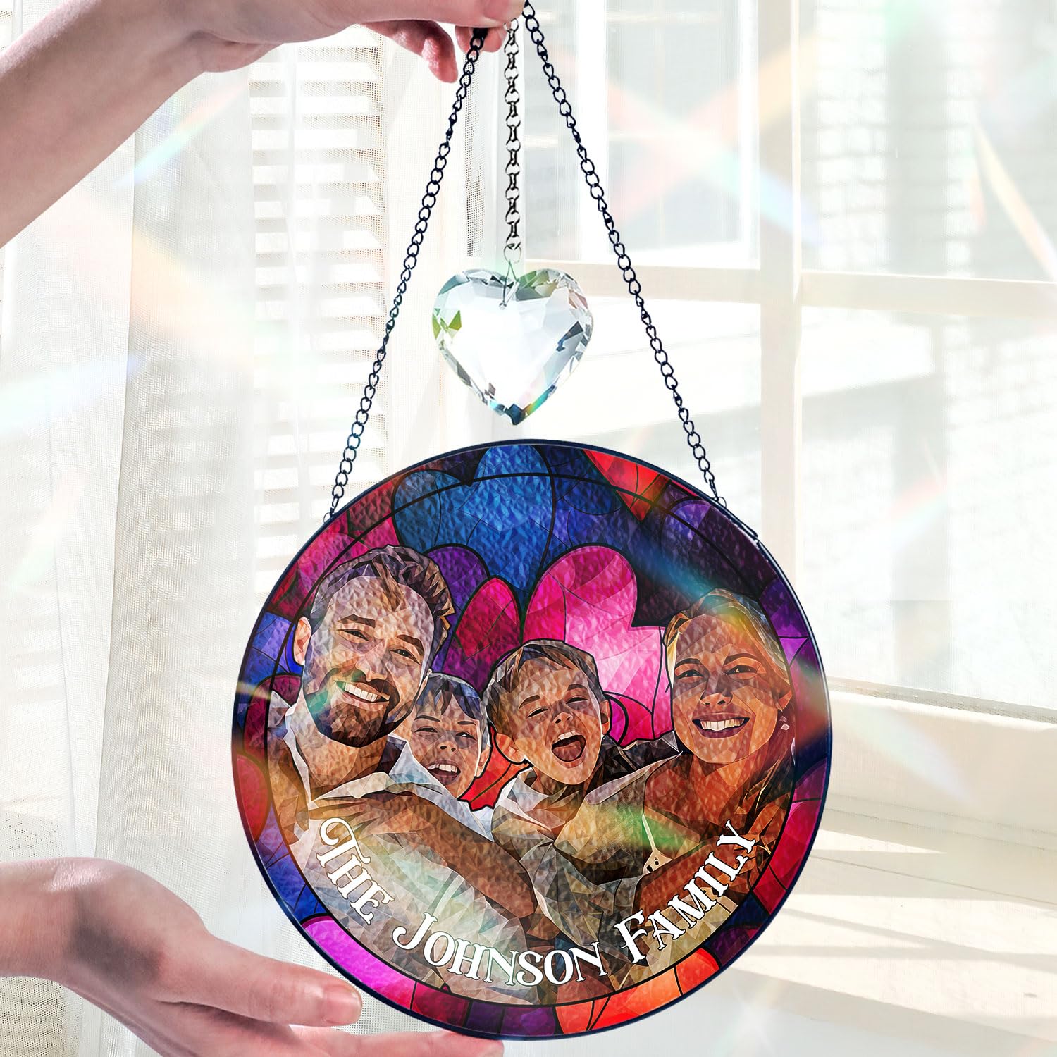 Custom Family Portrait Stained Glass Suncatcher, Transform Your Photos Into Art - Personalized Window Stained Glass, Family Memorial Gifts, Custom Name Photo Memorial Ornament Window Hanging