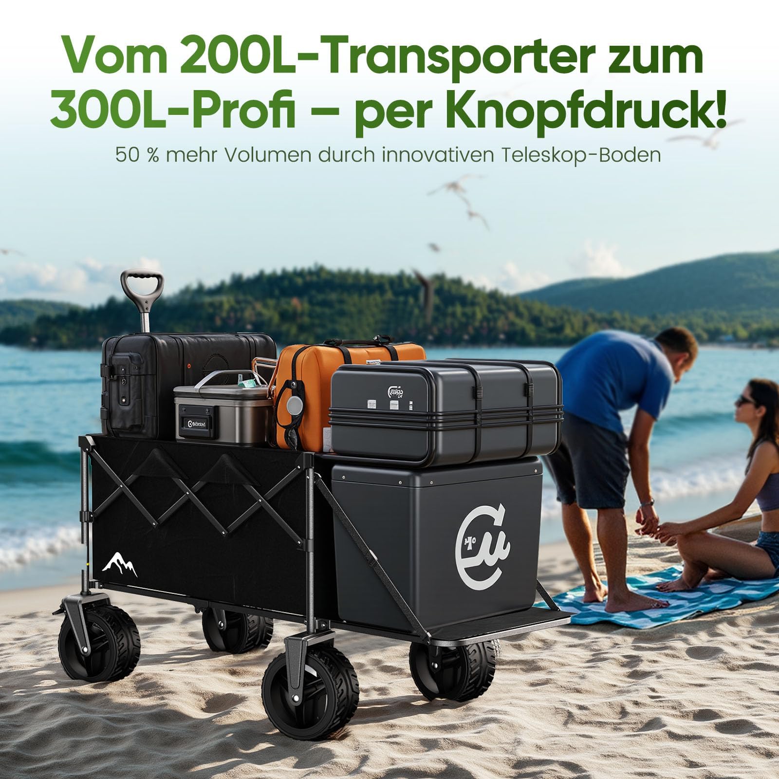 XXXL Bollerwagen Faltbar 300L mit Verstellbarer Heckklappe, 200 KG Belastbar, 360°-Schwenkbare All-Terrain-Räder & Doppelbremsen, Verstellbarer Griff & 2 Netztaschen，Strand/Wanderung/Camping/Einkauf
