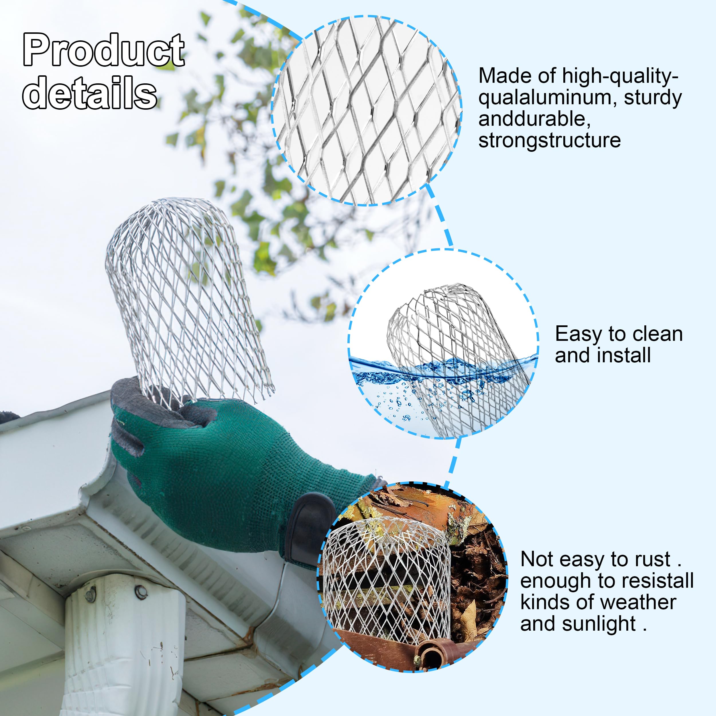 Filtres de Gouttière en Aluminium Gardes de Gouttière Extensible pour Filtrer Les Feuilles Les Branches La Mousse La Boue Diamètre 4~10cm 4 Pièces