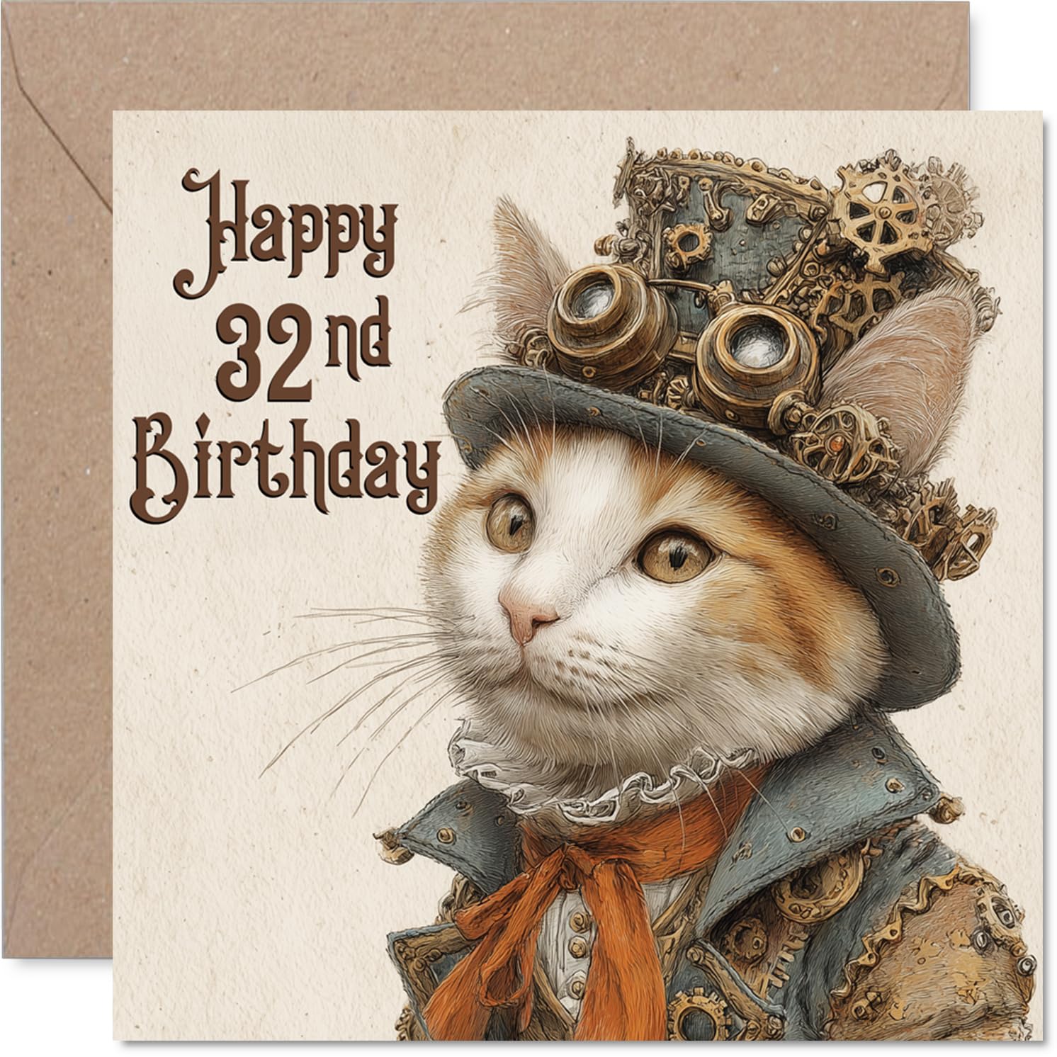 32nd Birthday Cards for Women and Men, Steam Punk Cat