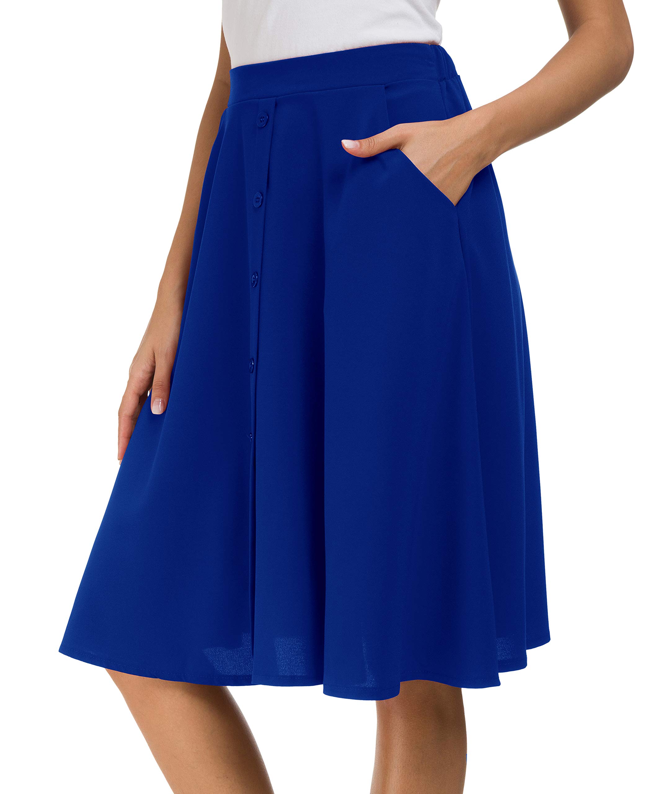Afibi Womens High Waisted A Line Pleated Midi Skirt Button Front Skirts with Pocket