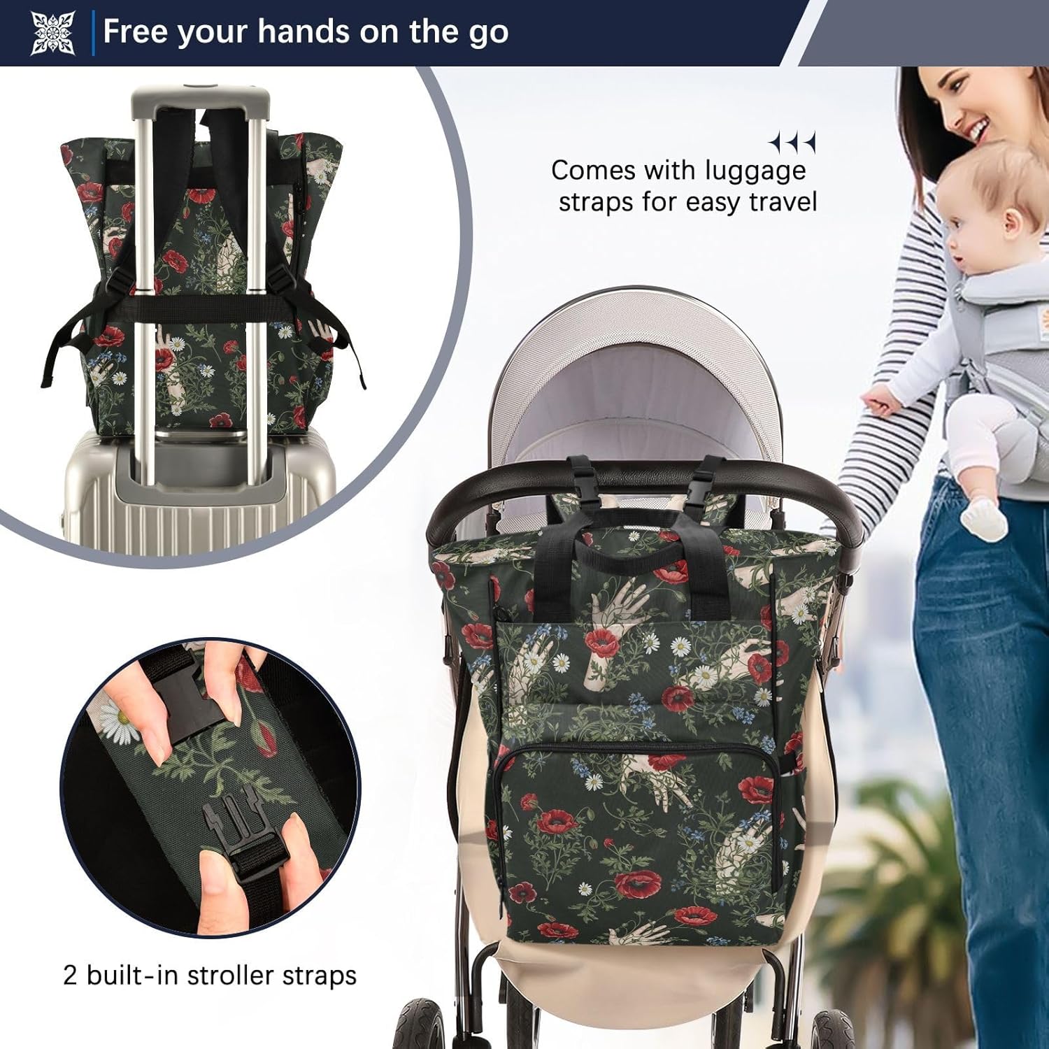 SPRIPORT Garden Flowers Hand Black Pattern Diaper Bag Backpack for Baby Boys Girls Multifunction Baby Essentials Travel Tote with Stroller Straps & Bottle Storage Maternity Travel Bag for Baby Gifts