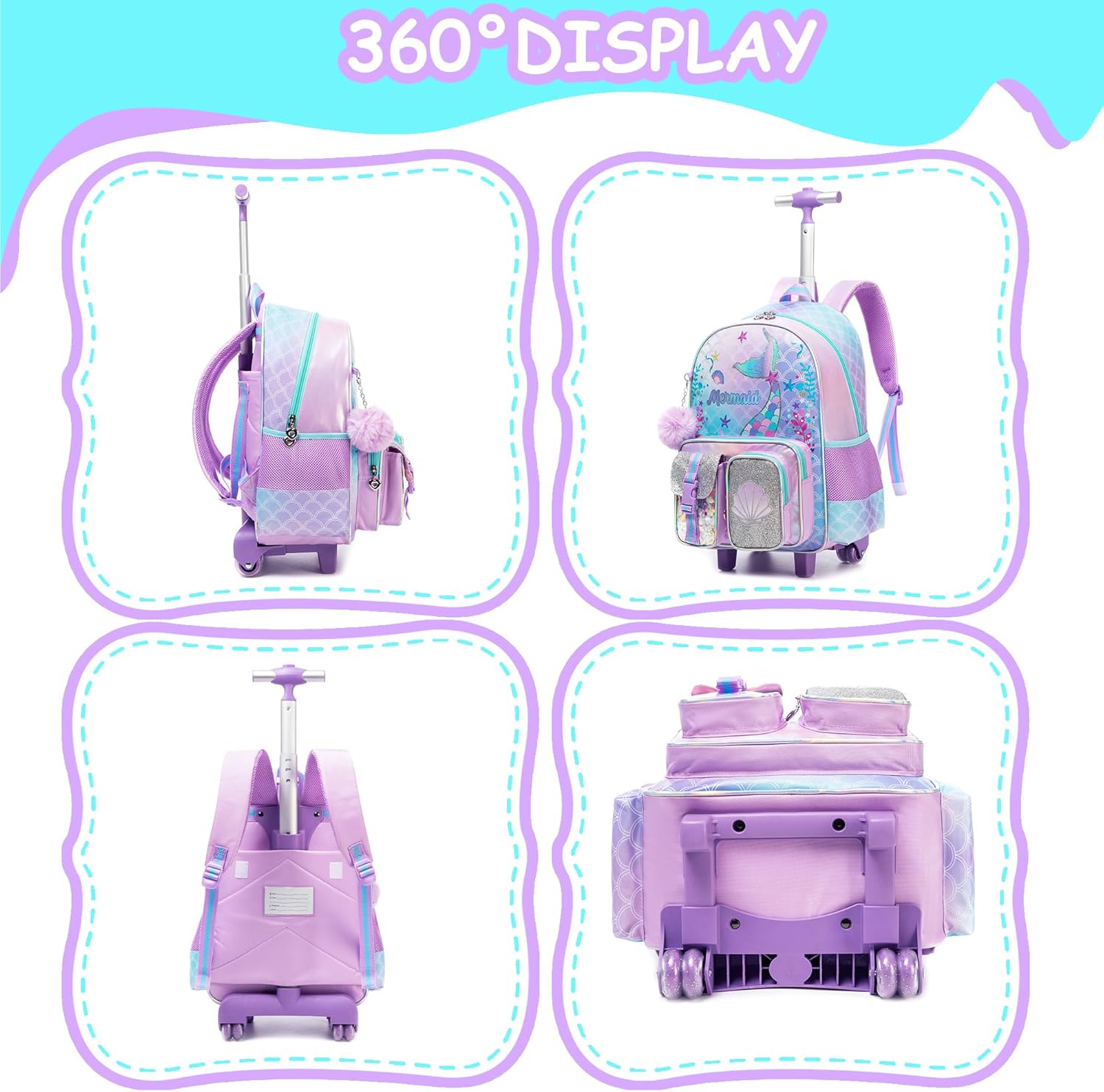 Mermaid Rolling Backpack for Girls 8-12 Kids Rolling Backpack for School Backpacks for Girls with Lunch Box Schoolbag for Elementary Primary