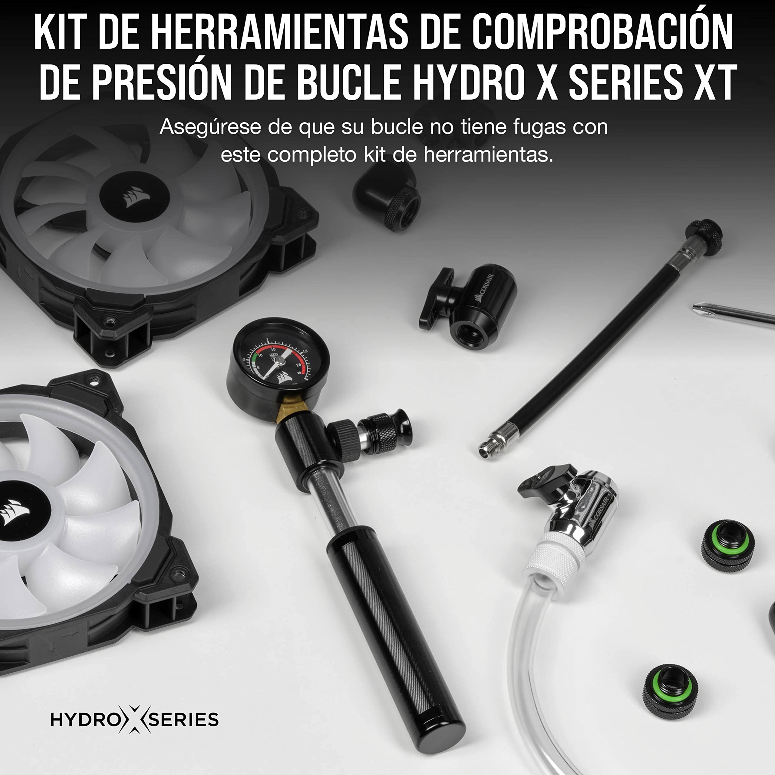 Corsair Hydro X Series XT Kit de Herramientas comprobación de Fugas de presión (Rápido y Seguro Bomba de Aire Manual Lectura de presión precisa Conexión de mangueras de 20 cm) Negro (CX-9071002-WW)