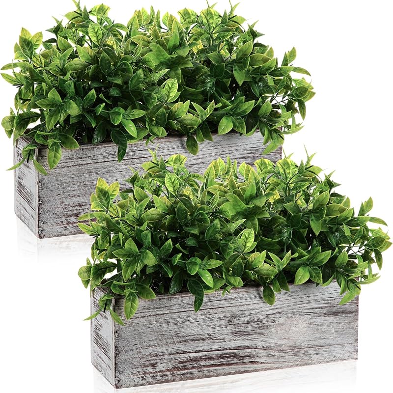 2 Pack 11.4 '' Artificial Eucalyptus Plants in Rectangular Rustic Wooden Planter Box Faux Potted Herb Plant Greenery Centerpiece for Cabinet Windowsill Table Shelf Wedding Decor (Whitewashed)