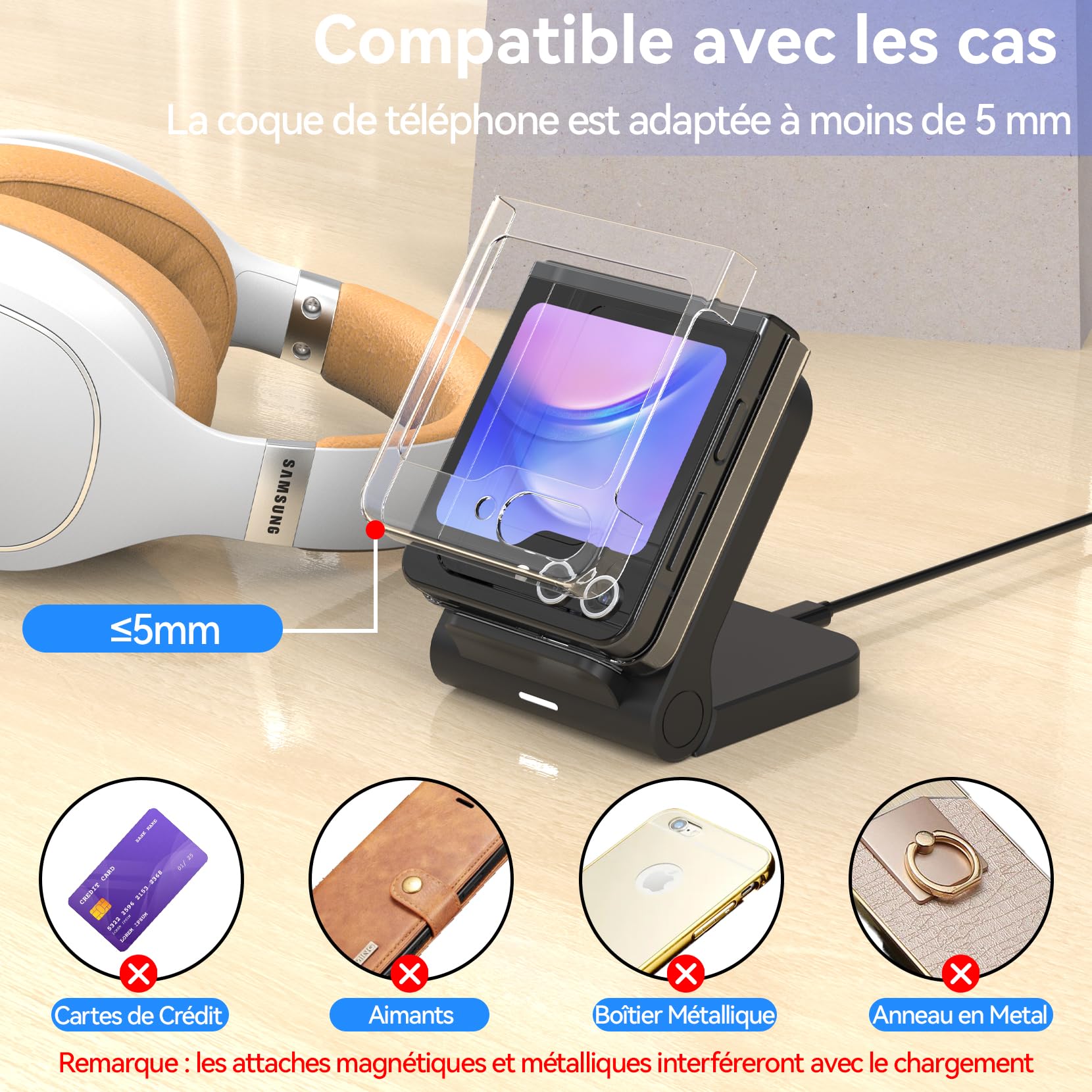Geyo Chargeur Induction pour Samsung Galaxy Z Flip, 15W Rapide Chargeur sans Fil pour Samsung Galaxy Z Flip 6/Z Flip 5/Z Flip 4/Z Flip 3 (Non Pliable) avec Adaptateur