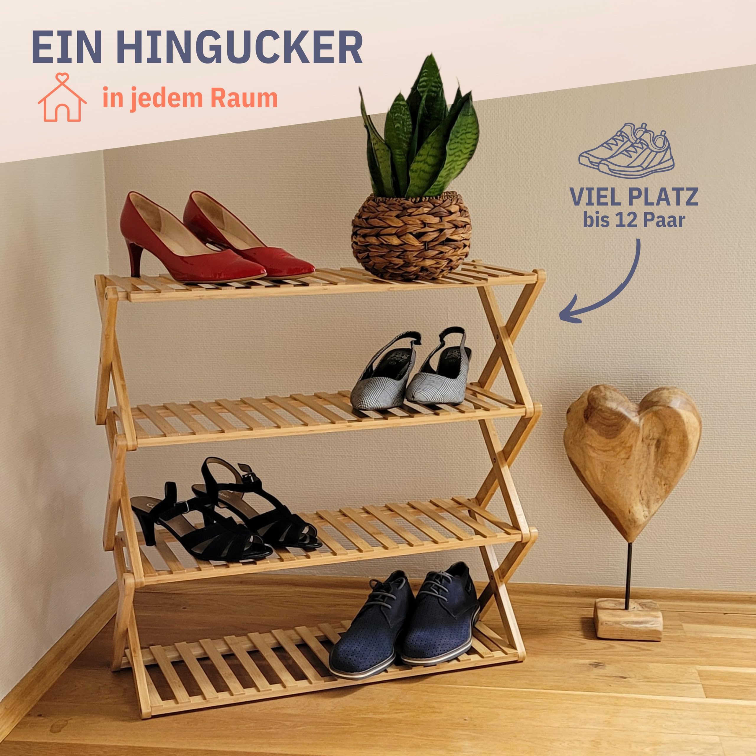 Felino® Schuhregal Schuhablage Organizer aus Bambus Holz offen | 70cm lang | Schuhorganizer offenes Regal klappbar auch für Camping