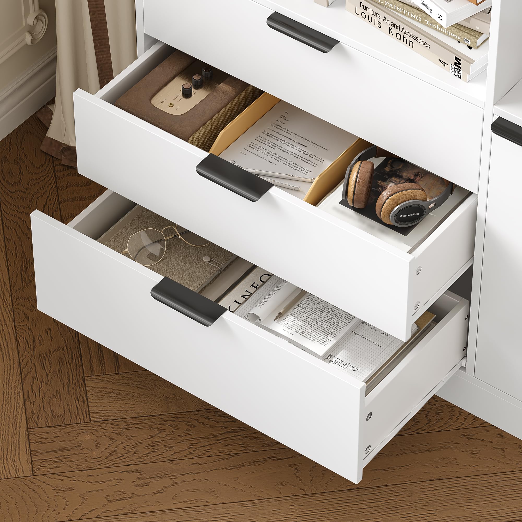 HOCSOK Libreria, Scaffale Libreria Verticale con Porta e 3 Cassetti, Legno | Scaffale Alta con Ripiani Regolabili, per Soggiorno Studio Ufficio, Bianco, 180,5×103×28,5 cm