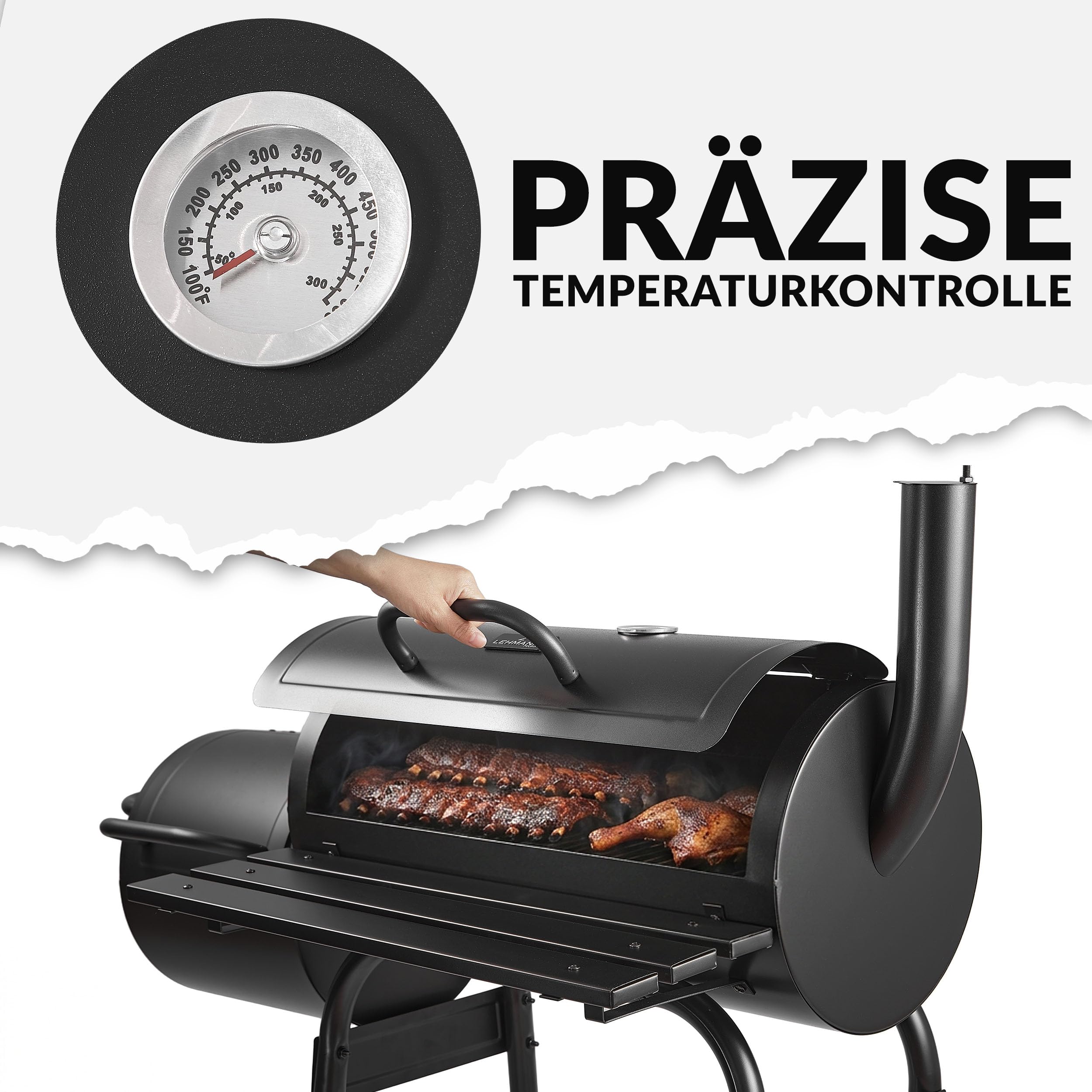 LEHMANN Holzkohlegrill & Smoker Grill 2-in-1, BBQ Grill mit Deckel, integriertem Thermometer und hitzebeständigem Griff, fahrbarer Grillwagen mit Rädern, 2-Kammern Standgrill für Garten, Schwarz