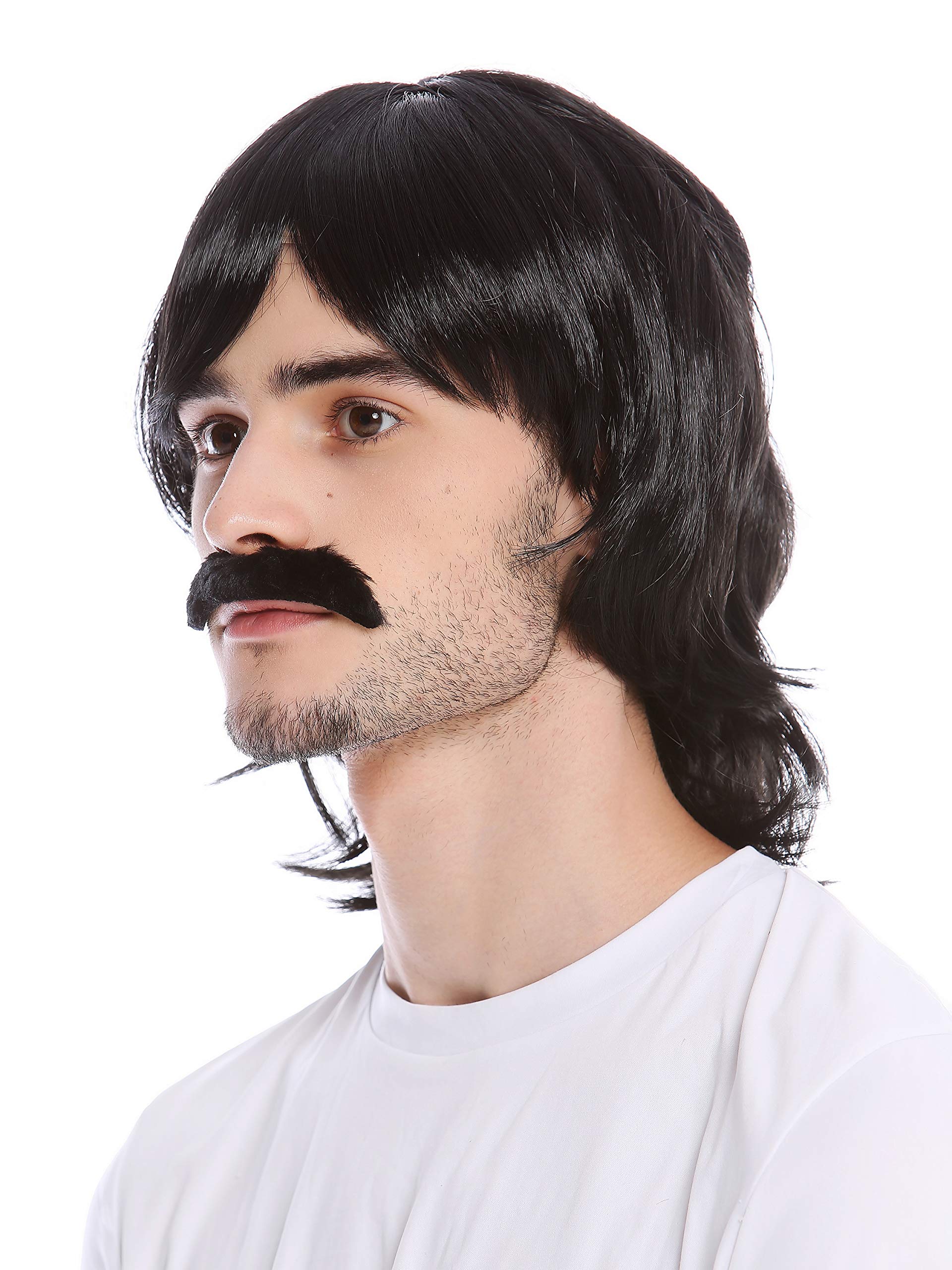 Peluca Negra De Estilo Mullet Para Carnaval, Con Flequillo Corto Y Pelo Largo Liso, Redecilla Transpirable Ajustable Hasta 62 Cm De Circunferencia