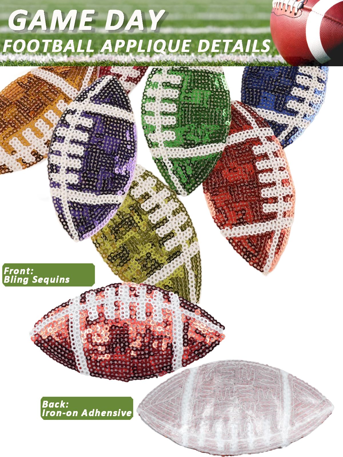 Fußball-Patches mit Pailletten, Trucker-Mütze, zum Aufbügeln, Rugby-Stoffflicken für Kleidung, Nähen, für Löcher, Jeans, Kleid, Rucksack, Tasche, Schuhe, Gameday, dekorative Applikation (blau), 9