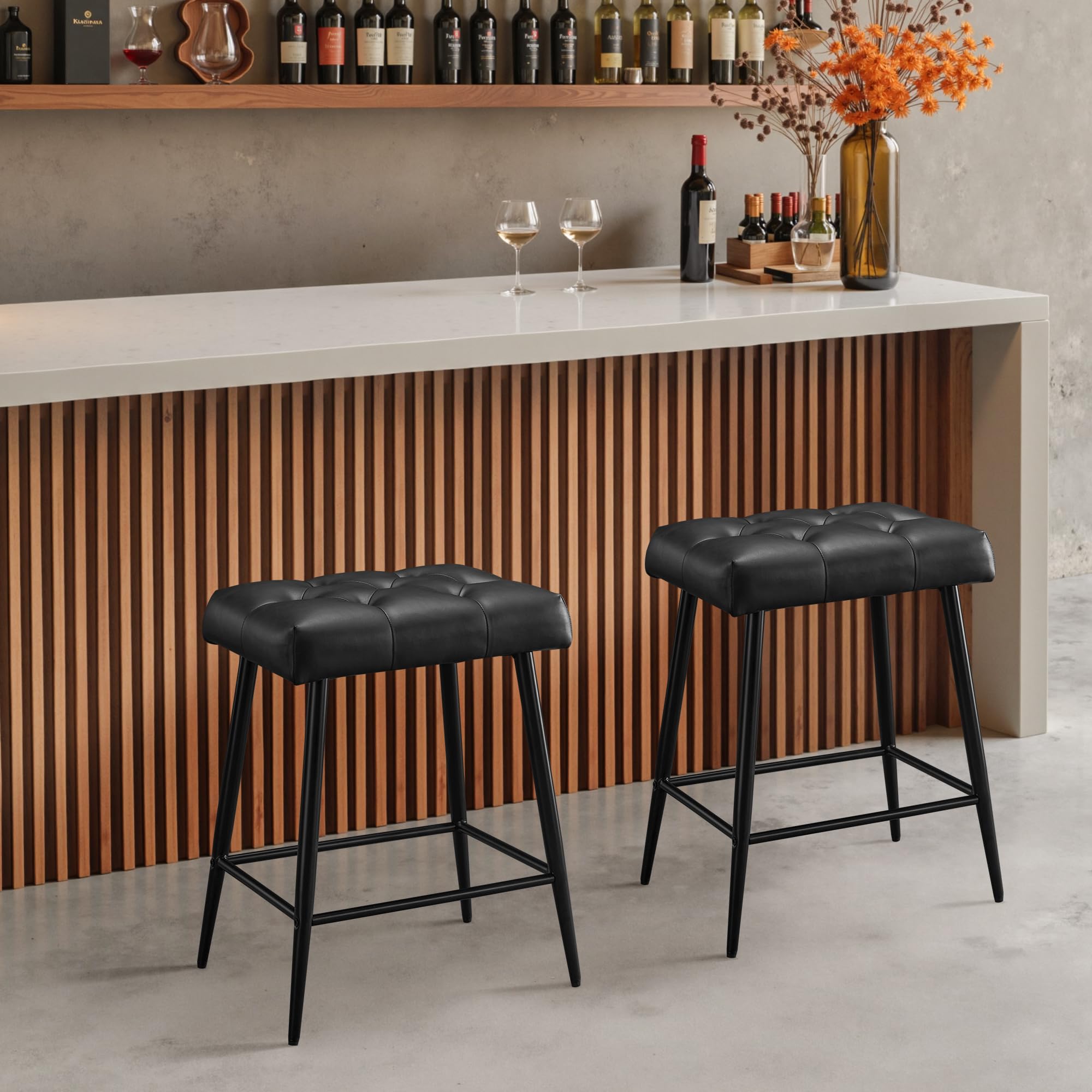 STOOLINK Juego de 2 Taburete Bar, Taburete Alto Cuero de Microfibra, Taburete Cocina con Reposapiés 62.5 cm Altura, Taburete de Bar 150 kg para Comedor, Mostrador-Negro