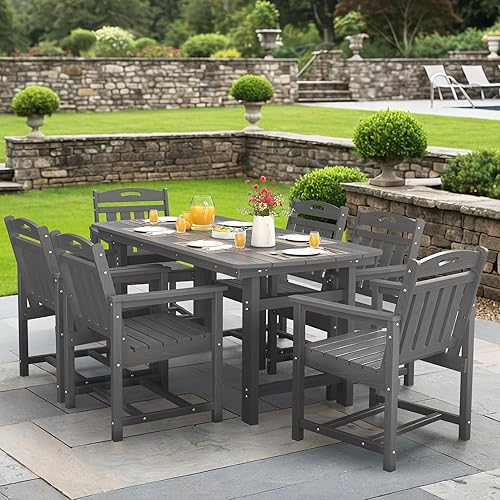 Miniatura 9 de Juego de comedor de patio al aire libre de HDPE con mesa y 6 sillas, juego de mesa y sillas de 7 piezas para todo clima, agujero para sombrilla de 2