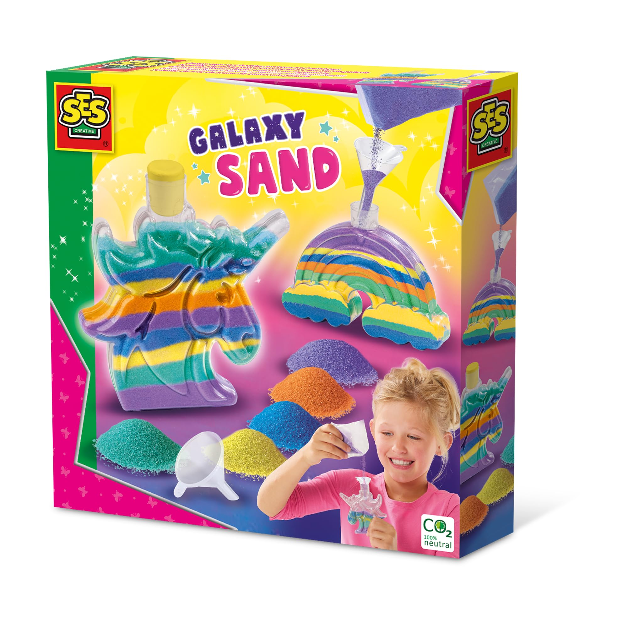 SES Creative 14771 - Galaxy Sand Art Bottles (Unicorn and Rainbow), Bright Sand Colours, Easy to dose, Set for Children 5 Years and up