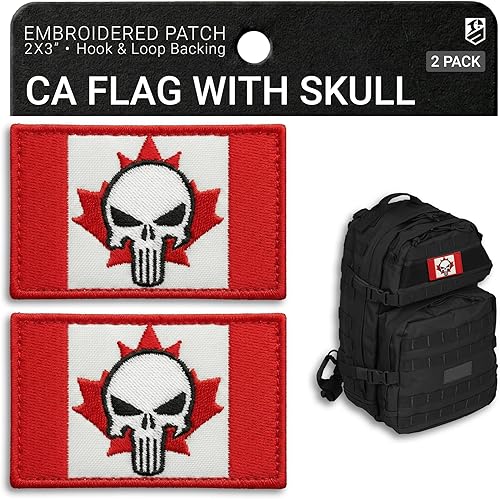 2 parches tácticos bordados de calavera con bandera de Canadá, parches tácticos bordados para chaquetas, mochila militar, portador de platos, arnés