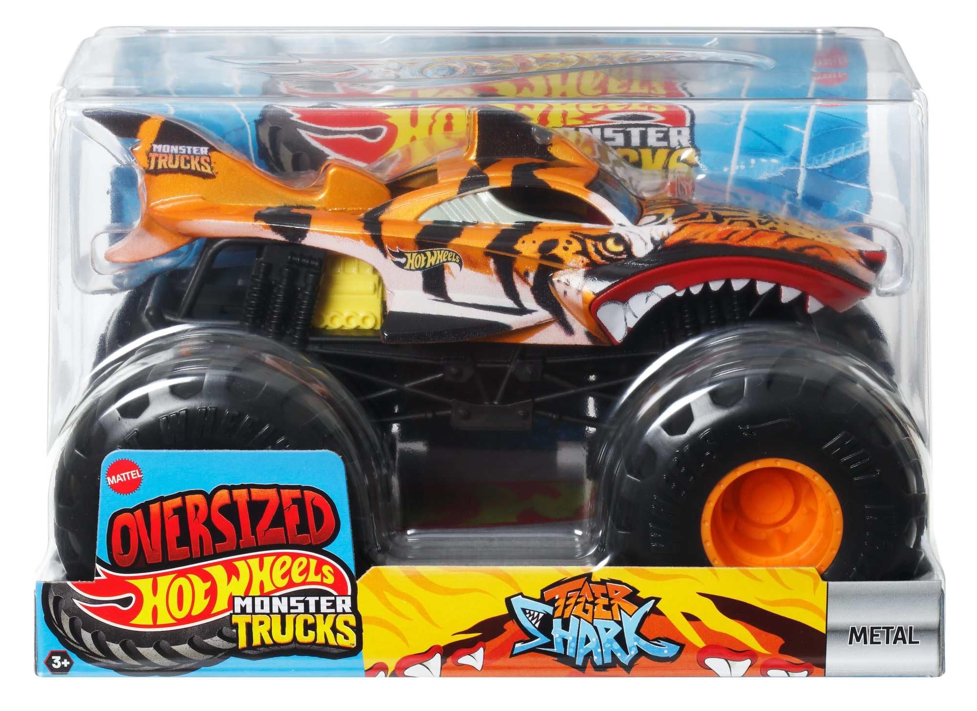 Hot Wheels Monster Trucks - Tiger Shark Oversize, Veicolo in Scala 1:24 con Ruote giganti e carrozzeria in Metallo, Perfetto per Le acrobazie, Giocattolo per Bambini, 3+ Anni, JDR02