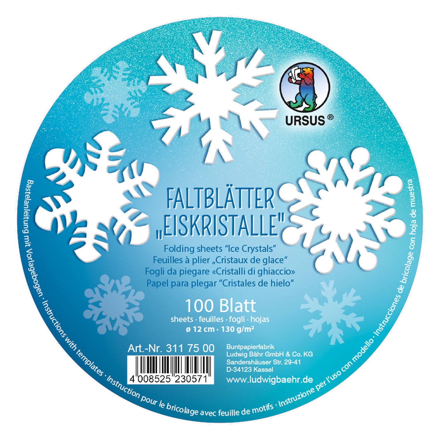 Ursus 3117500 Folding Sheets for Ice Crystal Coloured Drawing Paper 130 g/m² White Diameter 12 cm
